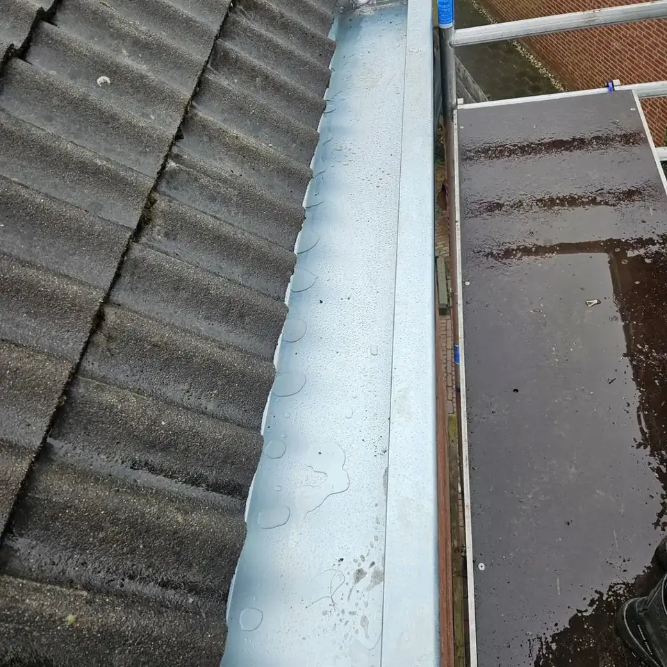 Zinken dakgoot langs een pannendak, vrij van bladeren
